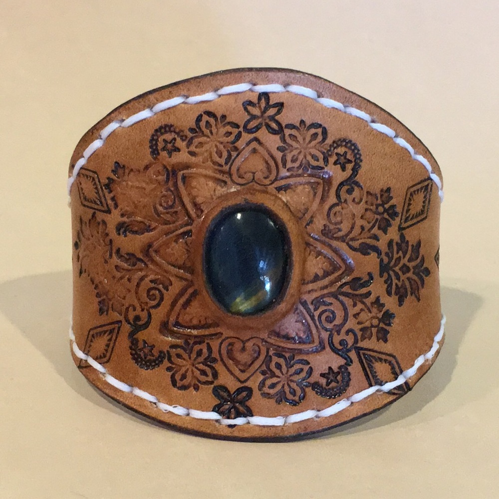 Boho Tooled Leather Cuff Bracelet Blue Tiger’s Eye Gemstone Inlay Mandala Style